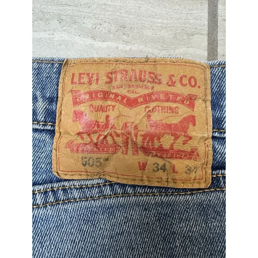 Levis 505 Distressed Jeans Men's Size 34X34 Retro Grunge Stretch Straight Leg‎